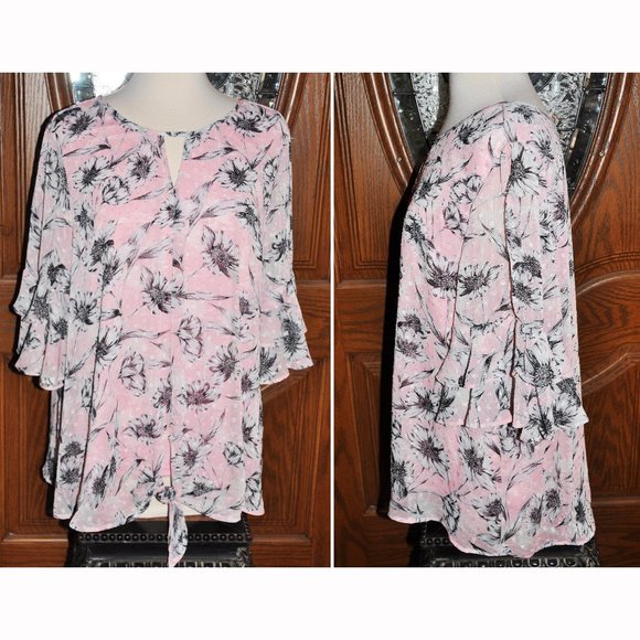 Sara Michelle Pink Charcoal & White Floral Two Layer Flutter Sleeve Sheer Blouse - Picture 2 of 9